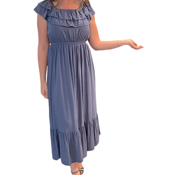 Anna-Kaci • Maxi Dress • Slate Blue • Flounce Ruffle Neckline • Tiered • Comfy - Picture 3 of 14